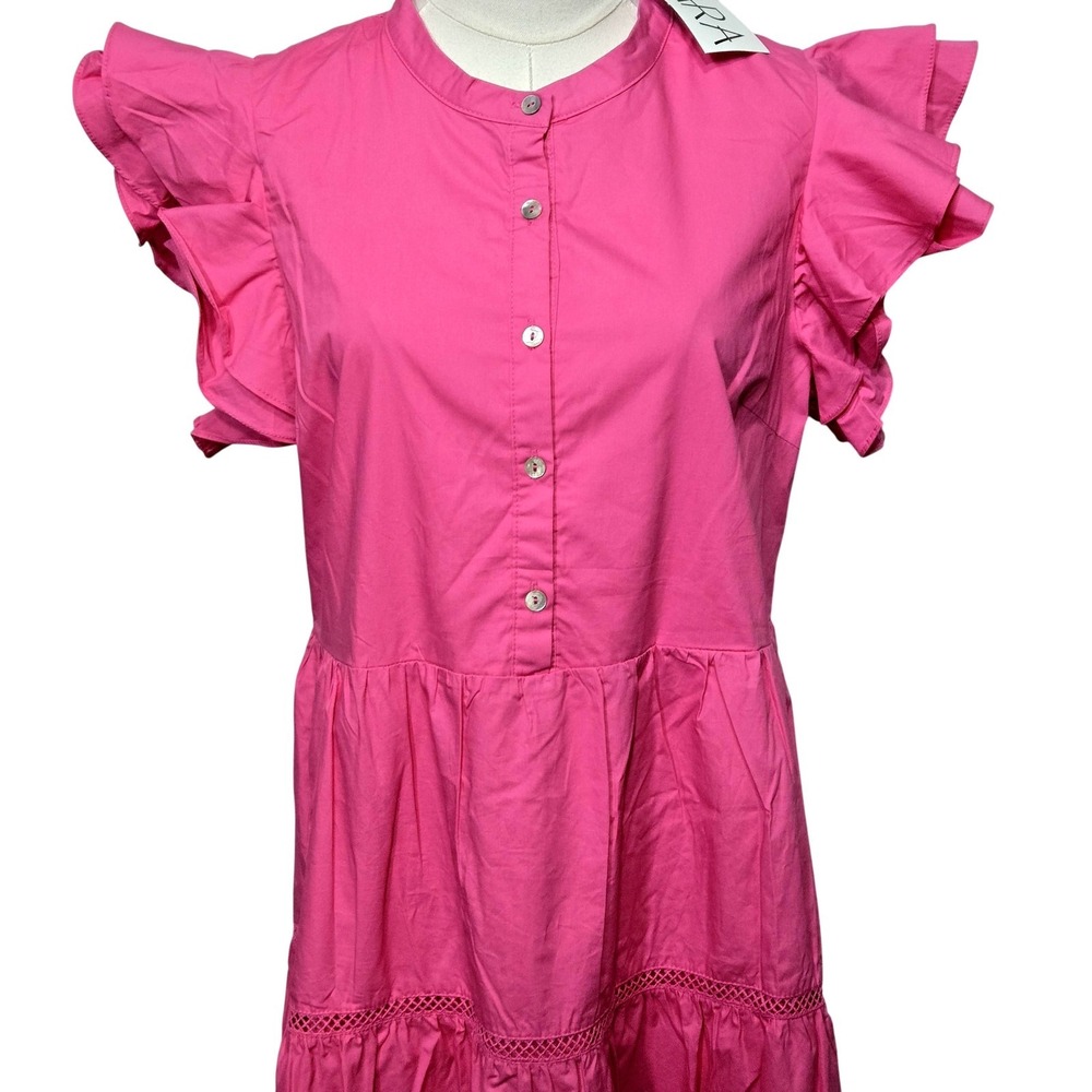 AVARA Dress Womens L Pink‎ Maxi Shirt Dress Ruffle Crochet Lined Button Front